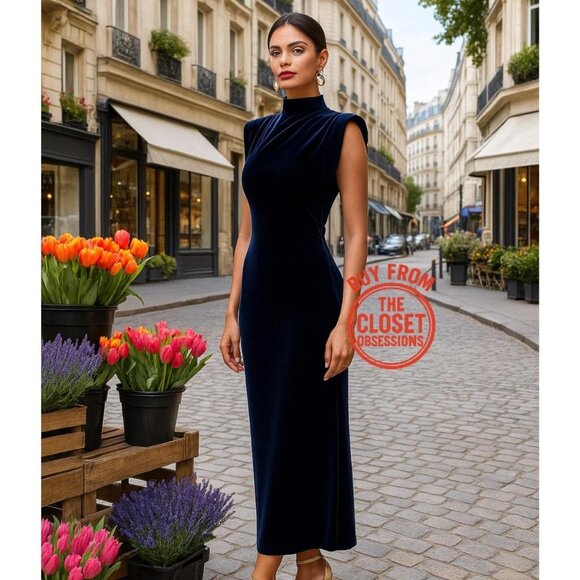 ZARA High Collar Midi Dress NWT Midnight Blue | Sleeveless | Chic - Picture 4 of 16